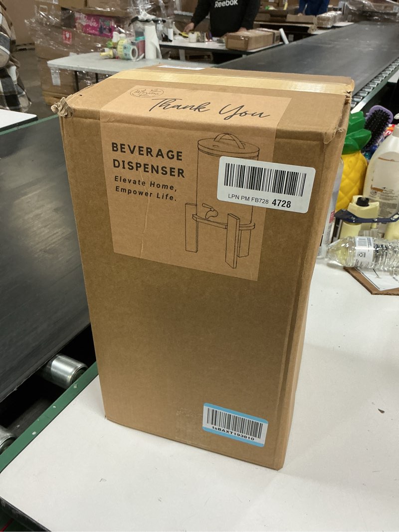 Condition photo showing New/Like New for Glass Beverage Dispenser with Bamboo Stand and Lid, Iced 2.1 Gallon Drink Server with Spigot, Large Thick Glass Drink Dispenser for Parties, Hotels, Restaurants, Homes Bamboo Glass 2.1 Gallon