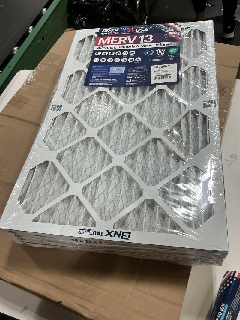 Condition photo showing New/Like New for BNX TruFilter 16x25x1 Air Filter MERV 13 (4-Pack) - MADE IN USA - Electrostatic Pleated Air Conditioner HVAC AC Furnace Filters for Allergies, Pollen, Mold, Bacteria, Smoke, Allergen, MPR 1900 FPR 10 MERV 13 16x25x1 4-Pack