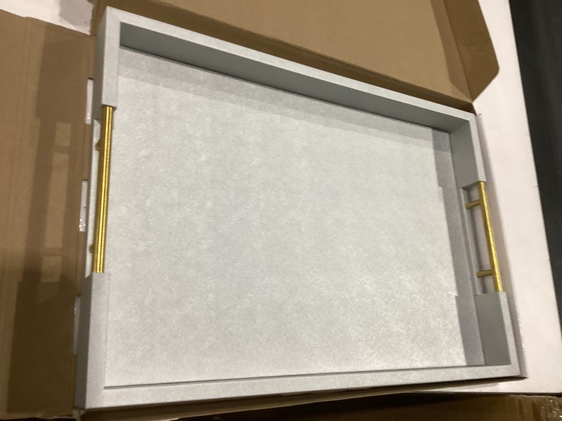 Condition photo showing Good Condition for 14x20 inches silver faux leather wrapped wood serving tray with metal handles for various occasions, ottoman, home decor decorative, living room, coffee table organizer, serving breakfast on bed silver 20" x 14" x 2"