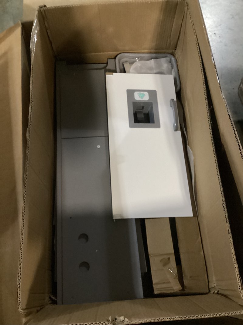 Condition photo showing As Is for Amazon Basics Kids Corner Wooden Kitchen Toy Playset with Stove, Oven, Sink, Fridge and Accessories, for Toddlers, Preschoolers, Children Age 3+ Years, White & Gray, 39.37"L x 28.35"W x 35.04"H White & Gray Corner Kitchen