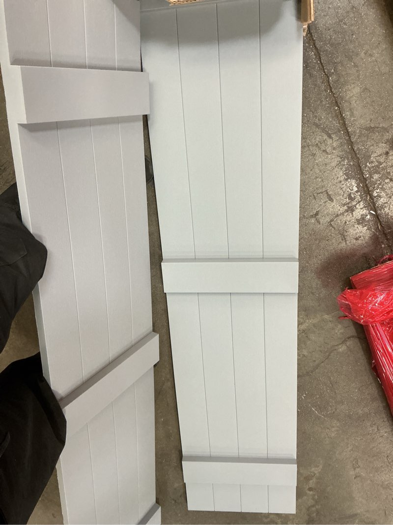Condition photo showing New/Like New for 14 in. W x 67 in. H Builders Edge, Standard Four Board Joined (3 Batten), Board-n-Batten Shutters, Includes Matching Installation Spikes (Per Pair), 945 - Platinum 67-in. H 945 - Platinum