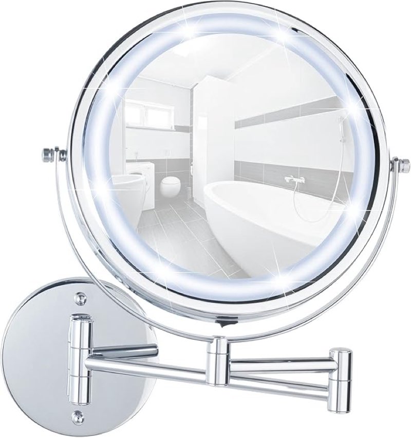 WENKO 3656530100 Power-Loc® Wall Mirror LED Lumi, Reflecting Surface ø 6.7 inch, Magnifying Effect: 500%, Steel, 10.0 x 12.6 x 1.6-13.8 inch