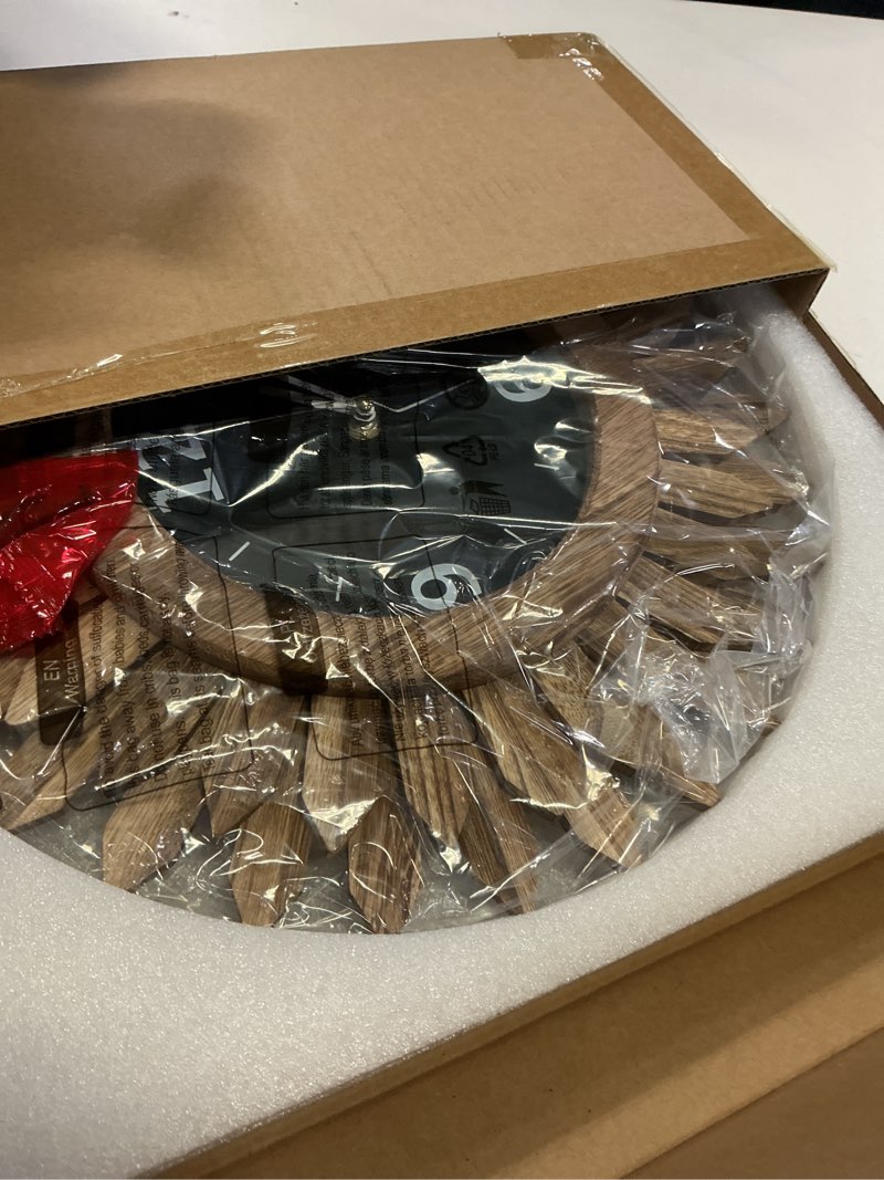 Condition photo showing Good Condition for Honiway 14 Inch Wall Clock, Rustic Wood Boho Sunburst Decorative Wall Clocks Battery Operated Silent Non Ticking Farmhouse Small Wall Clocks for Living Room Kitchen Bedroom Home Decor (Rustic Brown) Rustic Brown 14 inch