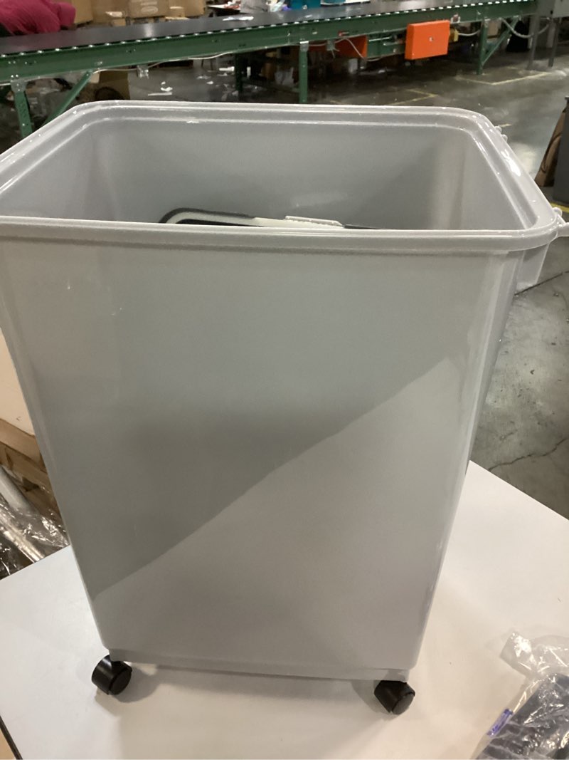 Condition photo showing Good Condition for IRIS USA Dog Food Storage Container with Wheels, Airtight Lid, 2-Cup Scoop, Up to 54 Pounds Pet Food Storage, Built in Scoop Storage in Lid, Versatile Pet Food Bin, Portable, BPA Free, Gray/Dark Gray 54 lbs Gray/Dark Gray