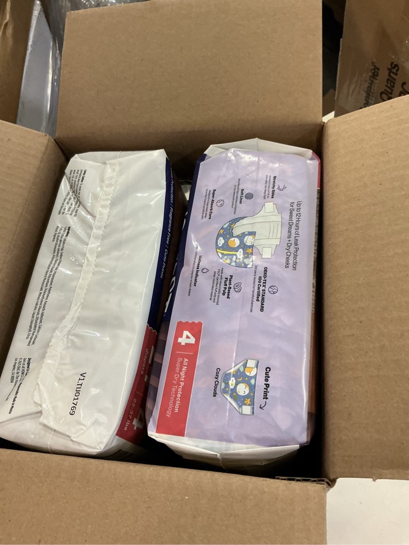 Condition photo showing Good Condition for the honest company comfort dry disposable overnight diapers for sensitive skin, hypoallergenic, baby cozy cloud and star signs design club box size 4 (22–37 lbs) 48 count size 4 48