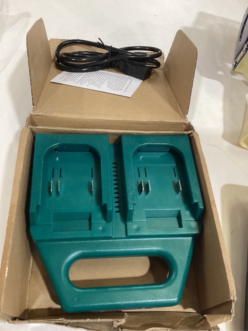 Condition photo showing Good Condition for 18v 4-port battery charger compatible with makita 18v-21v batteries, charge 4 batteries at once, 4-slot charging station with storage holder, portable rugged organizer for workshop garage.