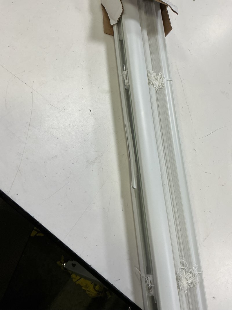 Condition photo showing As Is for project source 1-in slat width 33-in x 64-in cordless white vinyl light filtering mini-blinds