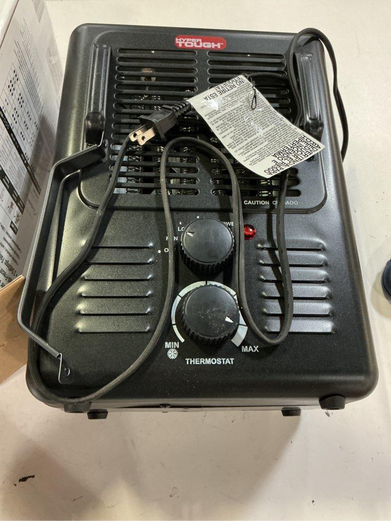 Condition photo showing As Is for hyper tough 1500w electric utility fan- forced space heater, indoor, black, dq2211