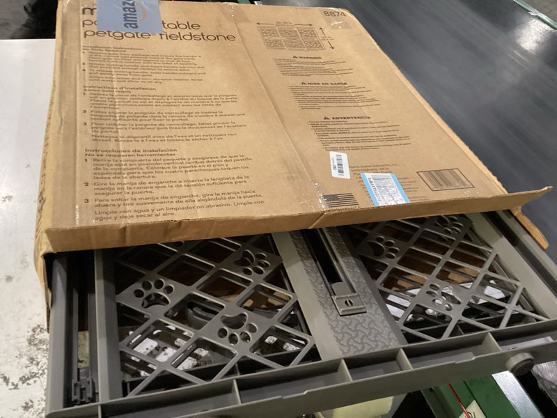 Condition photo showing New/Like New for mypet paws portable pet gate: 26-40" wide expandable, pressure mounted no tools needed, durable dog gate for doorways, made in usa, 23" tall, fieldstone gray