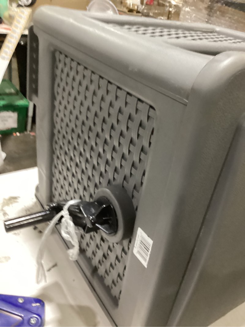 Condition photo showing As Is for suncast smart trak 225 ft. gray free standing hideaway hose reel