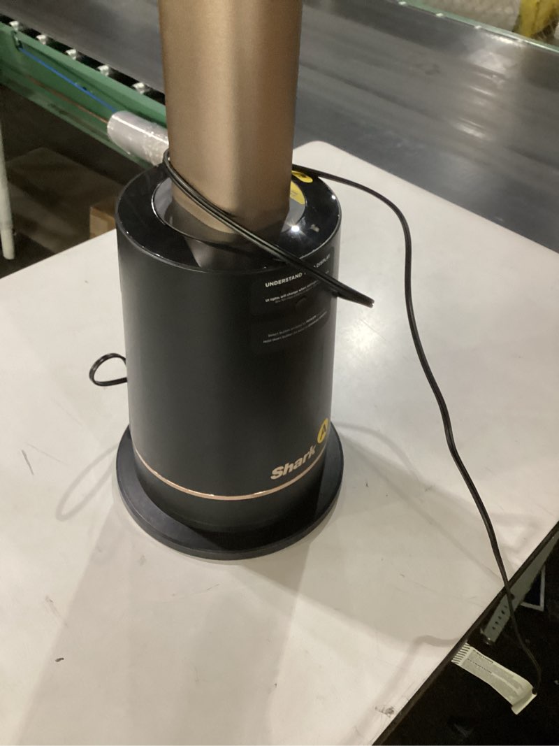 Condition photo showing As Is for shark turboblade fan—ultra-customizable bladeless tower fan, pivots, twists, oscillates 180°, circulates and propels air, 10 noise levels + 10 speeds, easy to clean, charcoal, tf202s turboblade cool - charcoal
