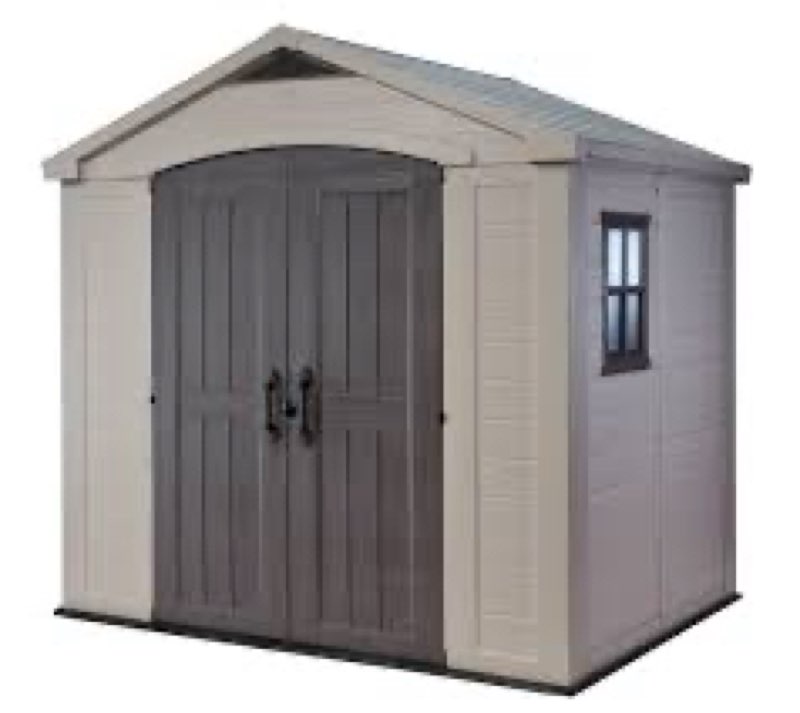 Keter Factor 8x6 ft. Durable Resin Outdoor Storage Shed With Floor and Double Doors for Garden Patio Furniture and Tools, Brown