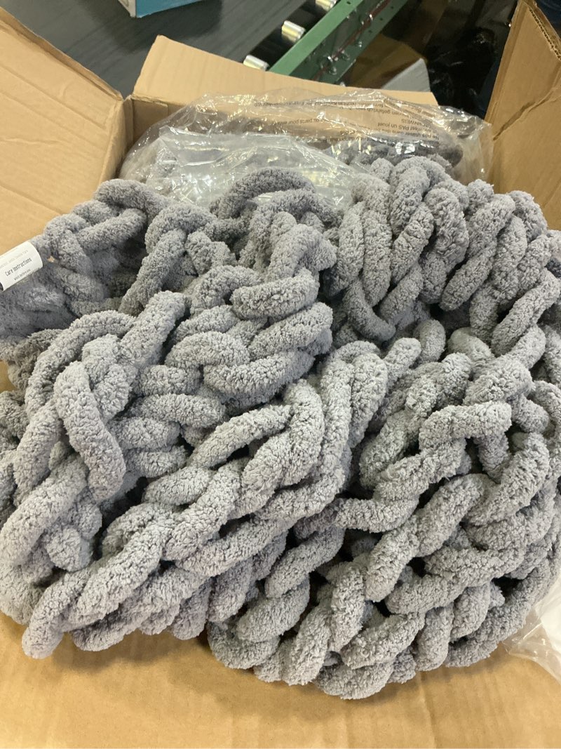 Condition photo showing As Is for carriediosa chunky knit throw blanket 50\" x 60\" queen , 100% hand made large chenille loop yarn soft fluffy throws for couch sofa bed, big crochet cozy heavy thick cable woven blanket, grey grey
