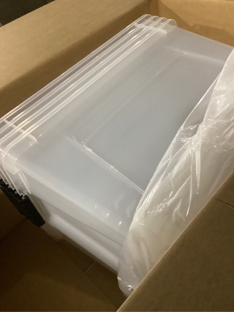 Condition photo showing Good Condition for IRIS USA 72 QT Plastic Storage Box with Lid and Latches - 4 Pack - BPA-Free, See-Through Organizing Solution, Durable Nestable Stackable Containers, Secure Pull Handle - Clear Clear 72 Qt 4 Pack