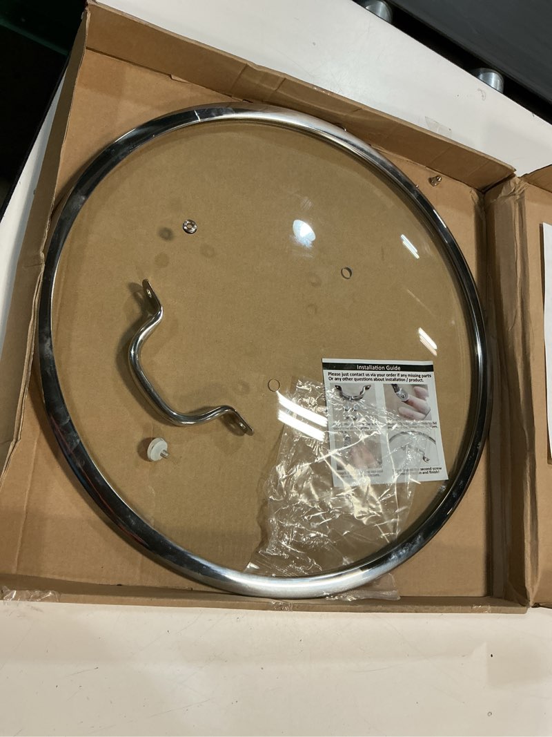 Condition photo showing As Is for 14 inch glass lid for pots, pans and skillets, clear glass lid replacement with steam vent, stainless steel covers for large frying pan, stock pot, cast, fits pots with inner dia. 14.1-14.5 inches