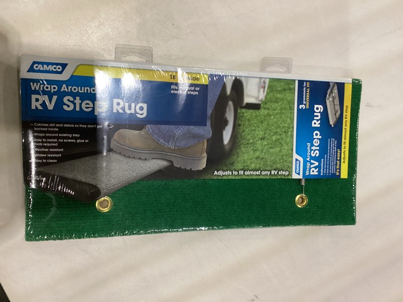 Condition photo showing New/Like New for Camco Wrap Around Camper/RV Step Rug | Features Adjustable Design & Fits RV Steps w/Depth of 8â€ to 10.5â€ | Compatible w/Manual & Electric Camper Steps | 18â€ Wide, Green (42923)