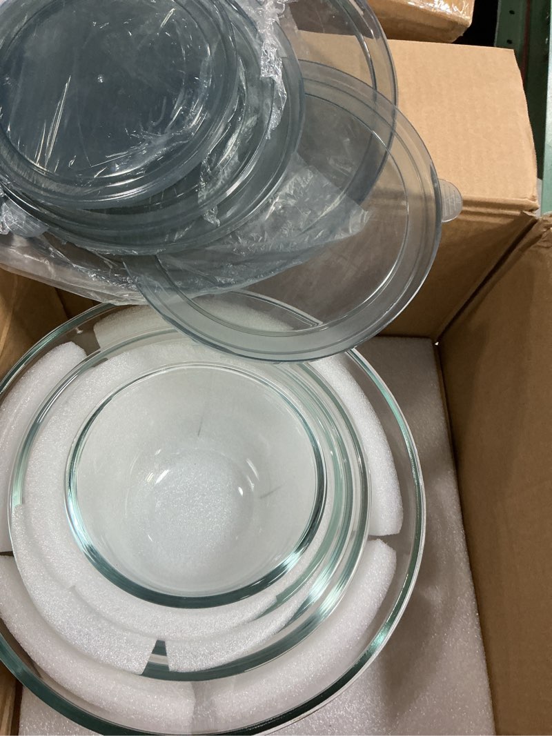 Condition photo showing Good Condition for glass mixing bowls with lids set of 5(4.78qt,2.2qt,1.7qt,1.1qt,0.85qt),thick glass nesting bowls for kitchen baking,cooking prep,storage,serving,large salad bowls,dishwasher microwave freezer safe transparent
