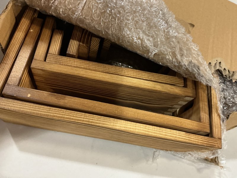 Condition photo showing New/Like New for 8 pcs wood risers display stands, 2 set wooden risers for table display, 4 tier rectangular riser display stand wooden for cupcake, desserts, perfume, collections, jewelry showcase brown 8pcs(7"x8"x9"x10" - 2 sets)