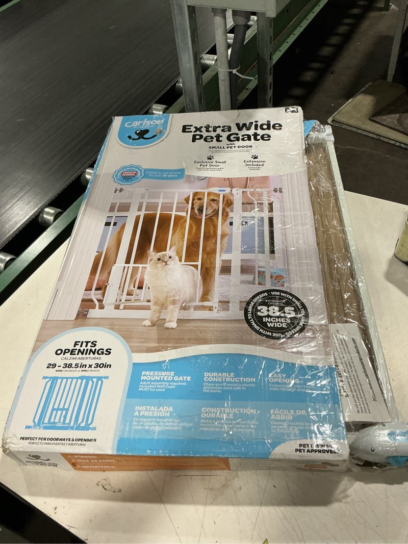 Condition photo showing As Is for carlson pet products 31"h extra-wide walk through metal dog pet gate, with additional small door, white