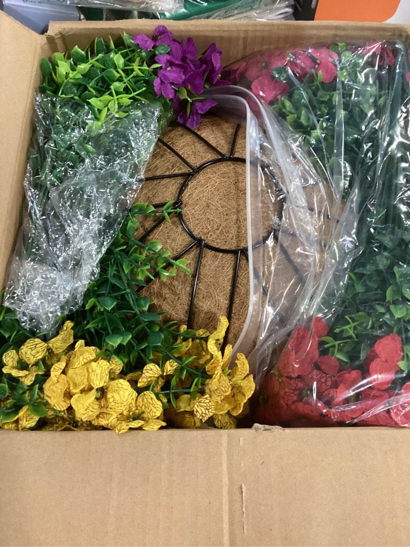 Condition photo showing Good Condition for Artificial Faux Hanging Plants Flowers Basket for Summer Autumn, Colorful Daisy Flowers Eucalyptus UV Resistant Look Real for Outdoor Outside Porch Decoration Mixed Color