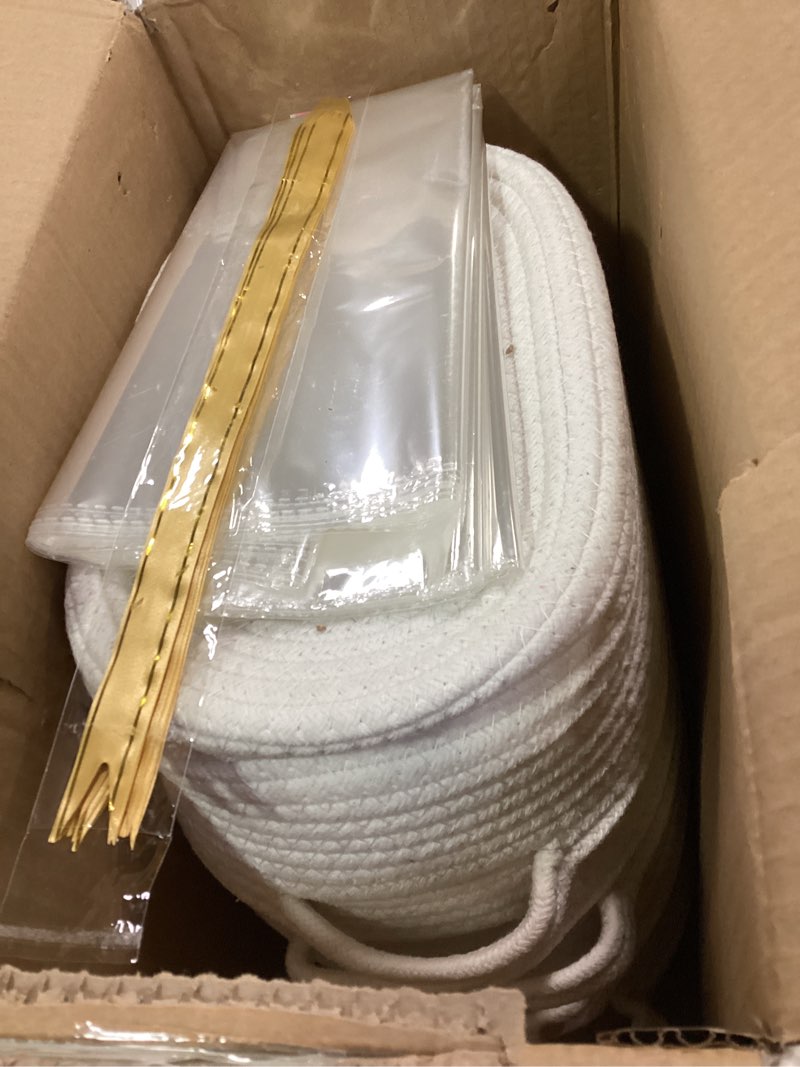 Condition photo showing New/Like New for Succwoah 8 Pack Small Woven Baskets with Gift Bags & Ribbons & Cards, Cotton Rope Nursery Storage with Handles, 12"x8"x5", Empty Gift Baskets for Baby Shower, Christmas, Thanksgiving, Organizer (White)