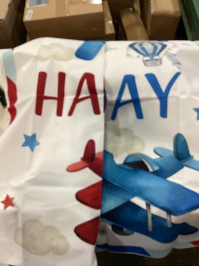 Condition photo showing Good Condition for 6x4ft Airplane Happy Birthday Backdrop Red Blue Airplane Boys Birthday Party Photography Background How Time Flies Happy Birthday Decorations Kids Portraits Banner Photo Studio Props