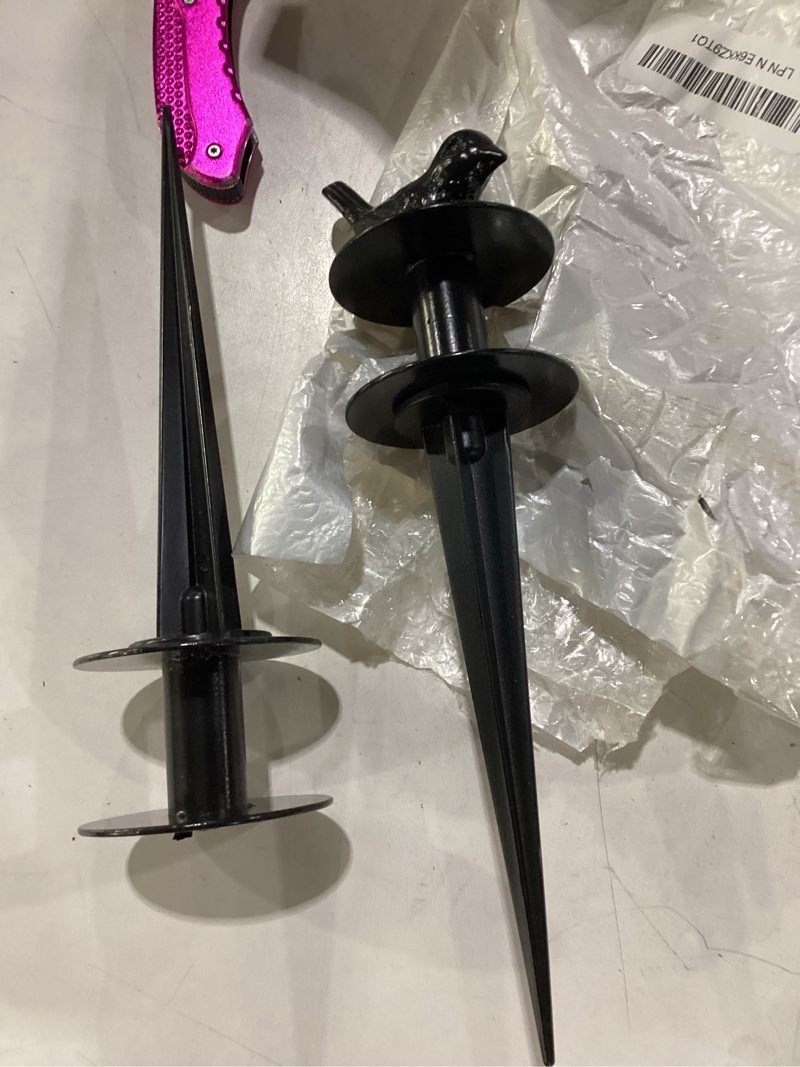 Condition photo showing As Is for bird is broke off of 1 2 pack garden hose guide stake metal spike 12 inch heavy duty hose support spike with bird design protect for outside flower beds plant yard garden black bird 2 pcs