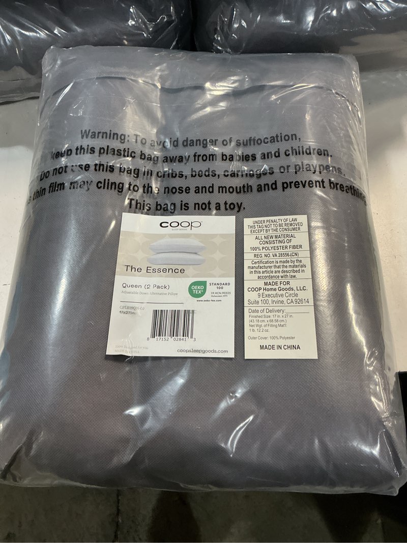 Condition photo showing New/Like New for coop home goods essence down alternative pillow set of 2, queen size, best pillows for sleeping, adjustable alternative to down pillows, luxury hotel pillow for back, stomach or side sleepers essence queen classic
