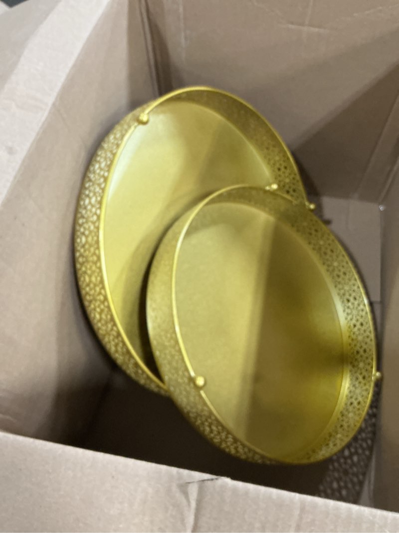 Condition photo showing As Is for wenqik 3 pcs cake stand 16'' 14'' 12'' round metal cake stand bases display holder cookies fruit serving tray candy display plate cupcake dessert pastry riser for wedding birthday party(gold) gold bright style (missing 1)