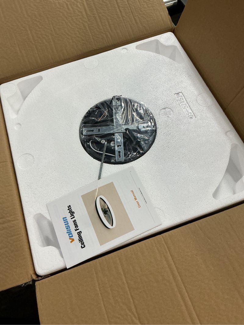 Condition photo showing New/Like New for VOLISUN Low Profile Ceiling Fans with Lights and Remote, Fandelier Ceiling Fan Flush Mount, 3000K-6500K Smart Bladeless LED Fan Light, Black Modern Ceiling Fans with Lights for Bedroom Black 19.7 INCH