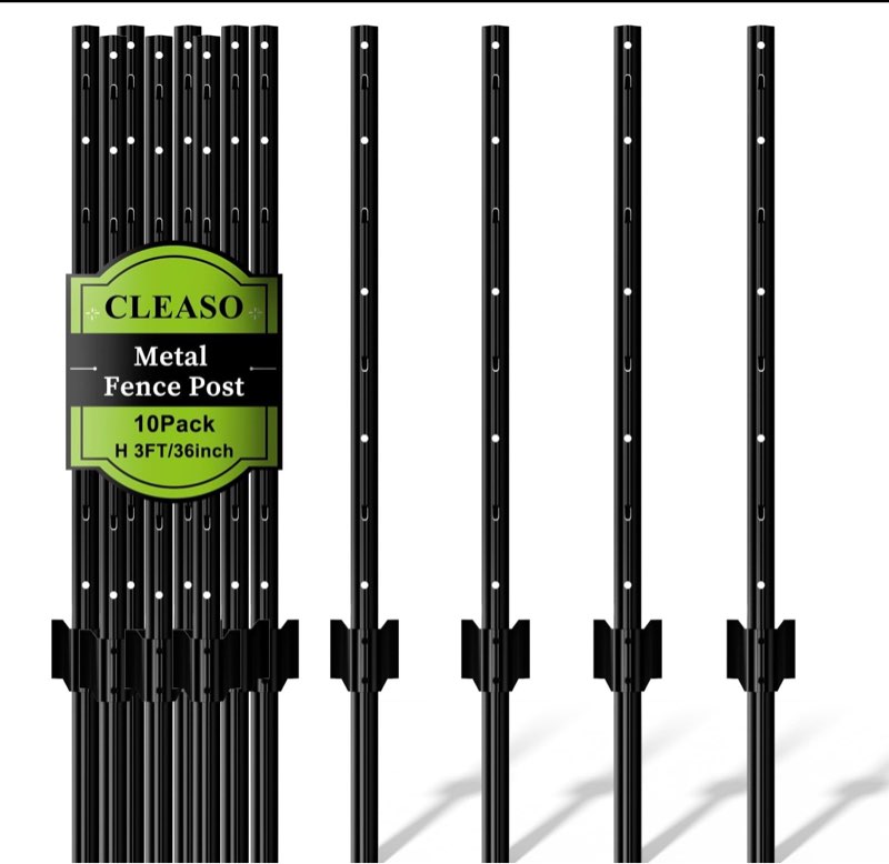 10 pack metal fence posts, 3ft heavy duty u-post, black garden stakes, no-dig post anchors for wire fences, temporary fencing, electric fence, and corner support