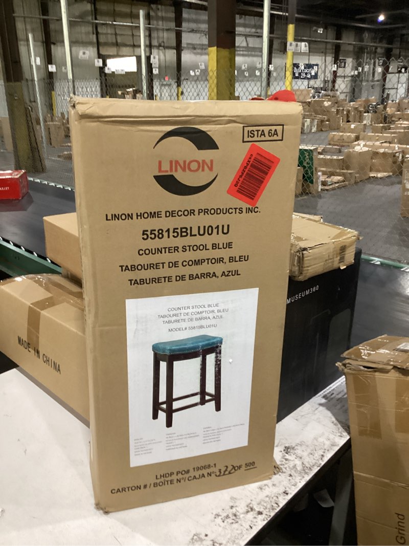 Condition photo showing New/Like New for linon claridge backless counter stool blue faux leather wood frame in dark brown