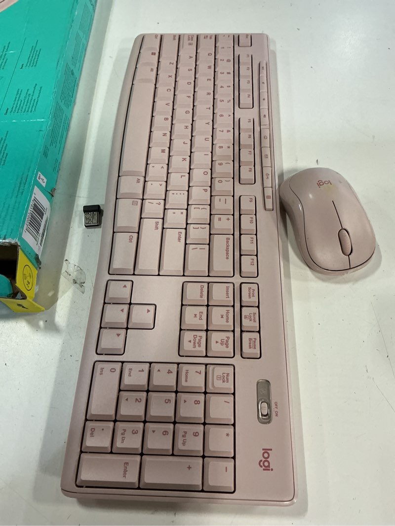 Condition photo showing New/Like New for logitech mk270 wireless keyboard and mouse combo for windows, 2.4 ghz, 8 multimedia keys, pc, laptop, wireless keyboard compact mouse combo - rose rose 1 pack combo