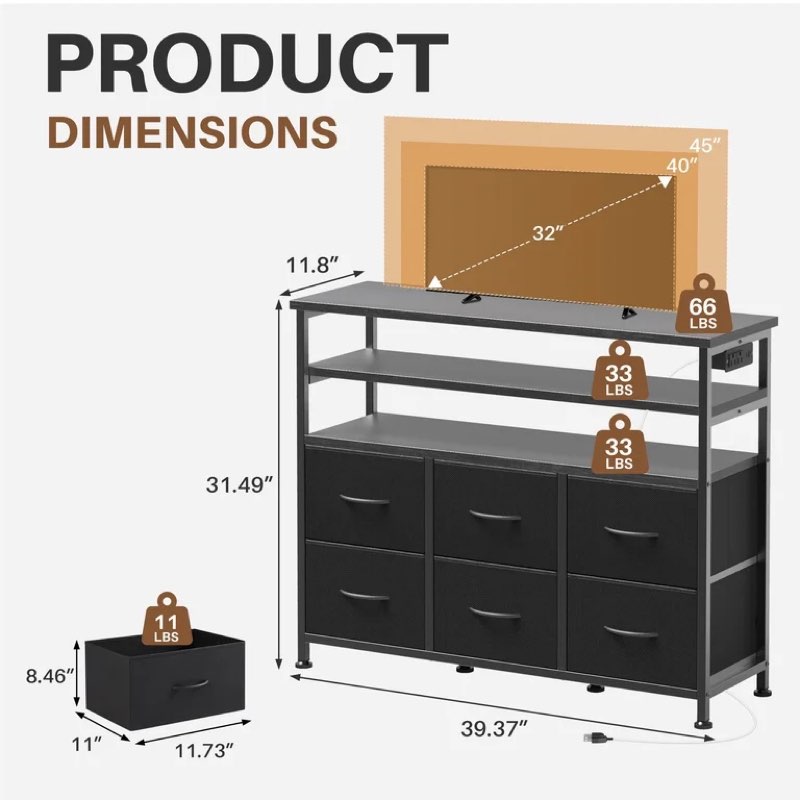 edx 6-drawer fabric dresser with power outlets and led light, tv stand for bedroom, living room, hallway, black