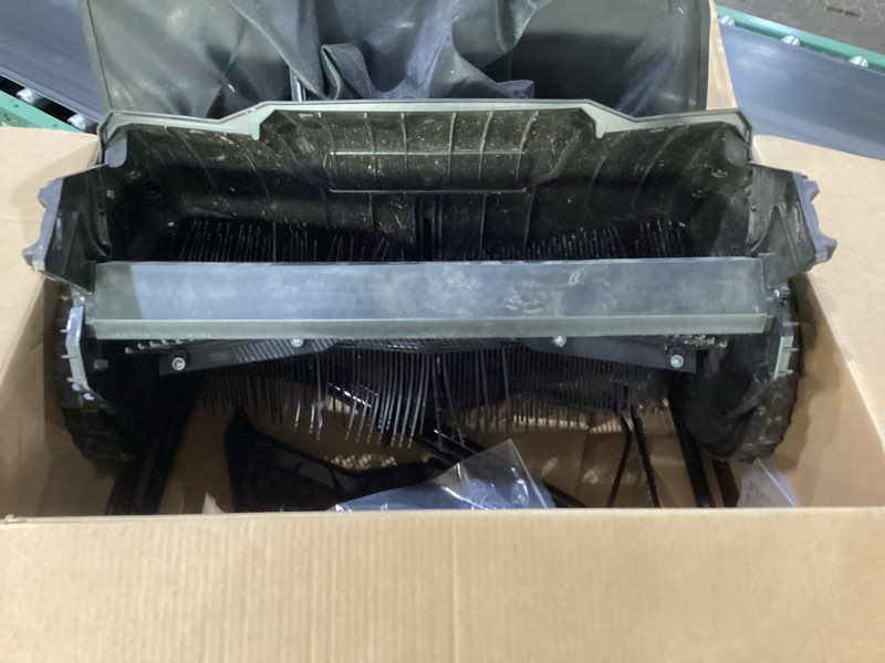 Condition photo showing As Is for vevor push lawn sweeper, 21inch leaf & grass collector, heavy duty thickened steel durable to use with large capacity 3.5 cu. ft. mesh collection hopper bag, 2 spinning brushes 21 inch lawn sweeper