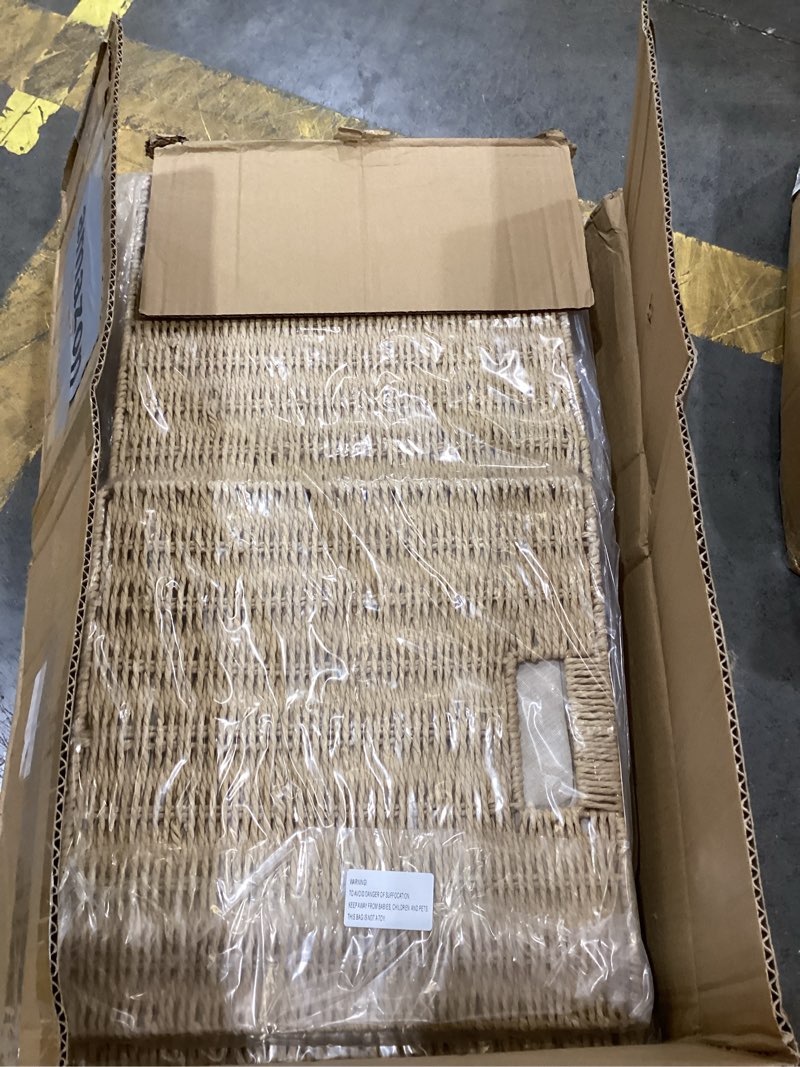 Condition photo showing Good Condition for 4pc foldable 13 x 13 storage baskets, handwoven paper rope with reinforced structure, removable liner, no sharp edges, odor-free, for nursery, living room, closet, bedroom, shelves