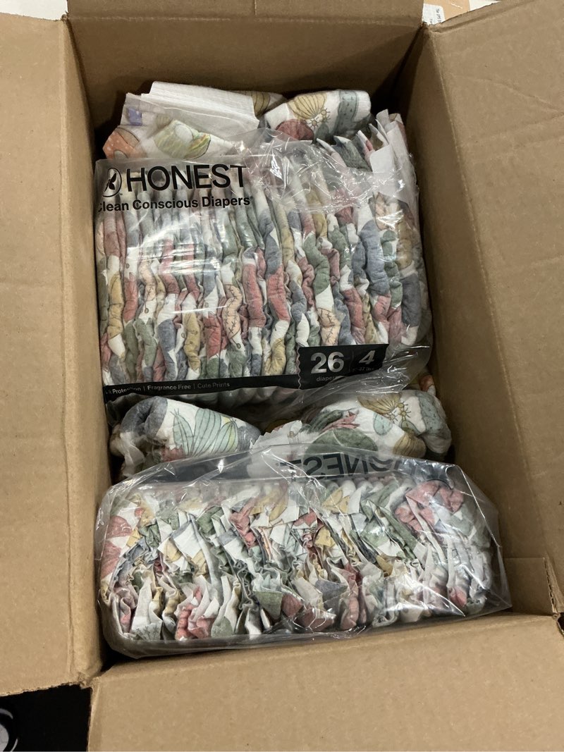 Condition photo showing As Is for the honest company comfort dry disposable daytime diapers for sensitive skin, hypoallergenic, fragrance-free, donut grow up + cactus cuties, super club box, size 4 (22-37 lbs), 104 count size 4 (104 count) donut grow up + cactus cuties
