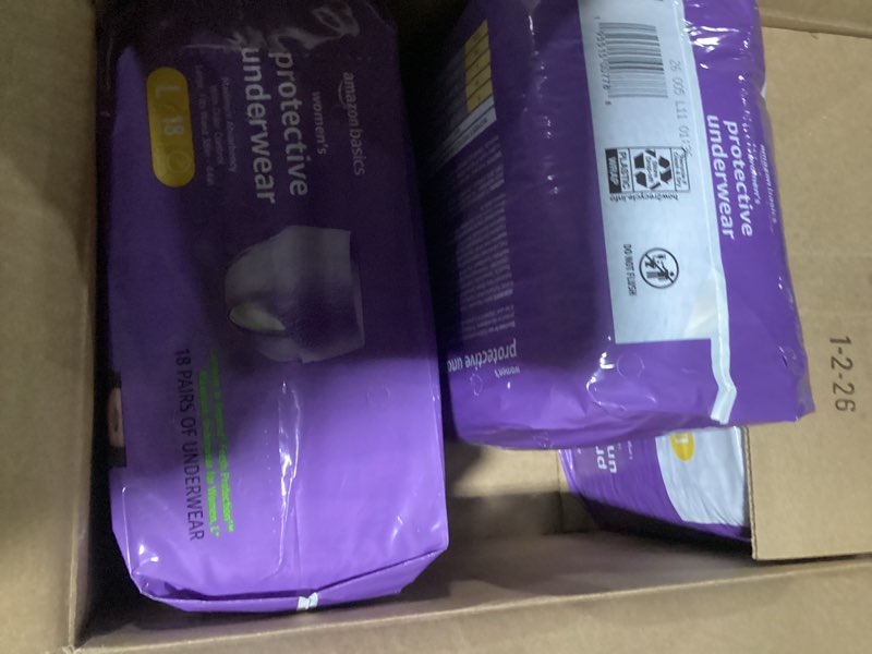 Condition photo showing Good Condition for (similar to) amazon basics postpartum incontinence underwear for women, maximum absorbency with bladder leak protection, fresh protection, disposable, large, lavender, 18 count large 18.0