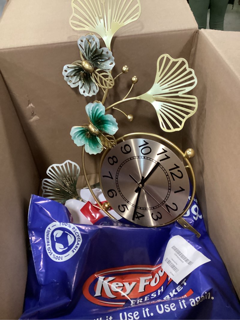 Condition photo showing As Is for Large Wall Clocks for Living Room Decor, Battery Operated and Silent Wall Clock, Modern 3D Metal Ginkgo Leaf Hanging Quartz Clock for Kitchen Bedroom and Corridor (Blue&Gold, 32.7 * 18.9INCH)