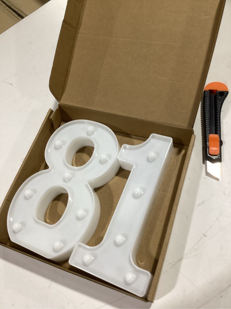 Condition photo showing As Is for marquee light up numbers led party sign, small pre-cut foam board mosaic balloon frame birthday backdrop anniversary decoration, number 81, 70cm-2.3ft number 81 70cm-2.3ft