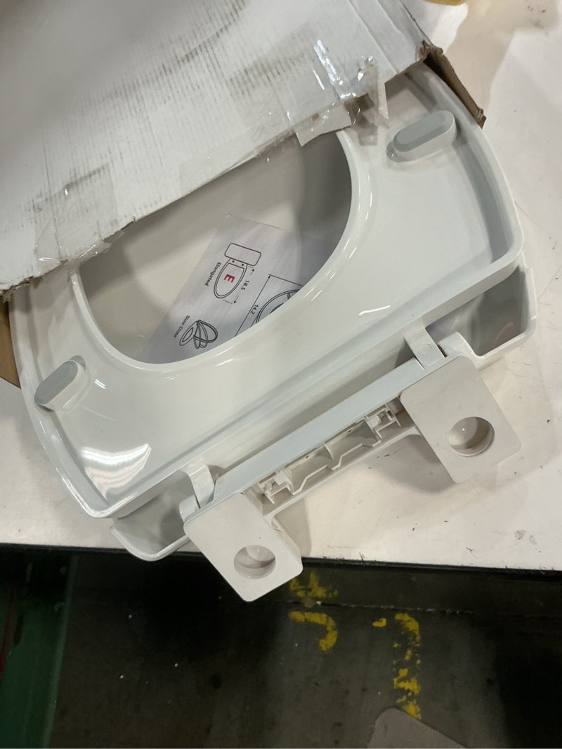Condition photo showing As Is for round toilet seat, standard 16.5” slow/soft close round toilet seat for round toilets, no-slam quiet-close lid, easy-to-install, white, durable never-loosen design white round(standard)