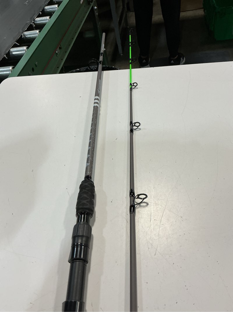 Condition photo showing As Is for kastking kong fishing rod, powerful, lightweight s-curve graphite rod blanks, nano resin technology, stainless-steel double-foot guides w/titanium oxide rings, non-slip handles, chartreuse strike tips 7'0''-mh-fast-2pcs cast