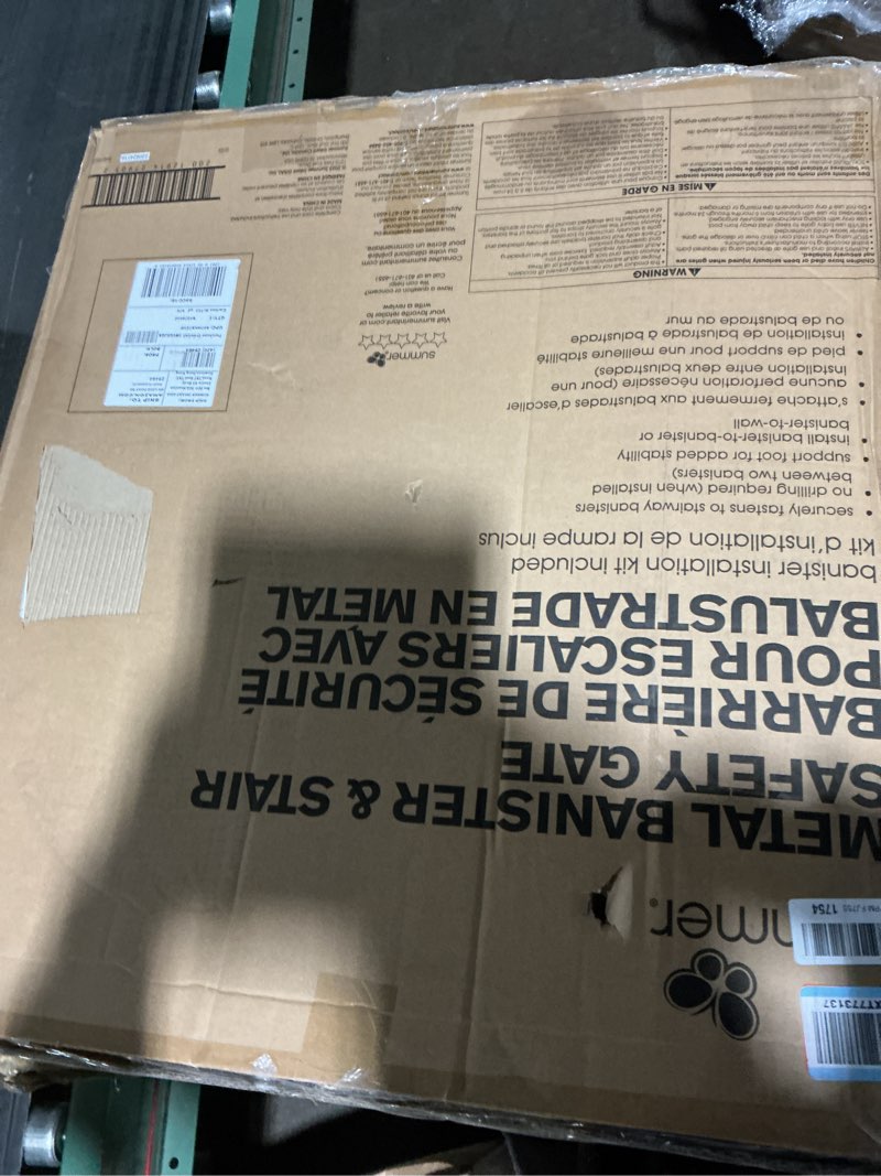 Condition photo showing New/Like New for summer infant metal banister & stair safety pet and baby gate,31'-46' wide, 32.5' tall, install banister to banister or wall or wall to wall in doorway or stairway, banister and hardware mounts -white white baby gate