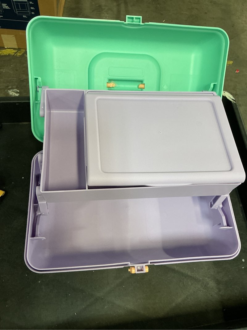 Condition photo showing As Is for caboodles on-the-go girl makeup box, seafoam on lavender, hard plastic makeup organizer box, built-in mirror, secure latch for safe travel, spacious storage for large items