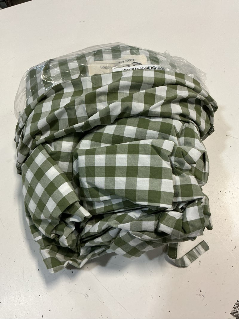 Condition photo showing As Is for quince organic crisp percale gingham duvet cover, full/queen, olive