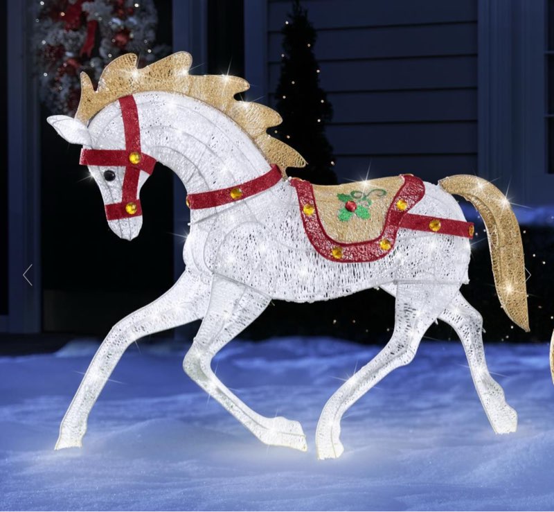 These are the illuminated outdoor decorations that greet holiday guests with twinkling LEDs. Made from iron with cotton thread, the weatherproof mounts stand aglow with cool white LEDs against glittering white fabric. Festive details include decorative holly that imparts a classic palette and complements other Christmas decorations. Four included lawn stakes keep them securely anchored in place. AC plug with 9' cord. Assembly is required. Each piece sold separately.