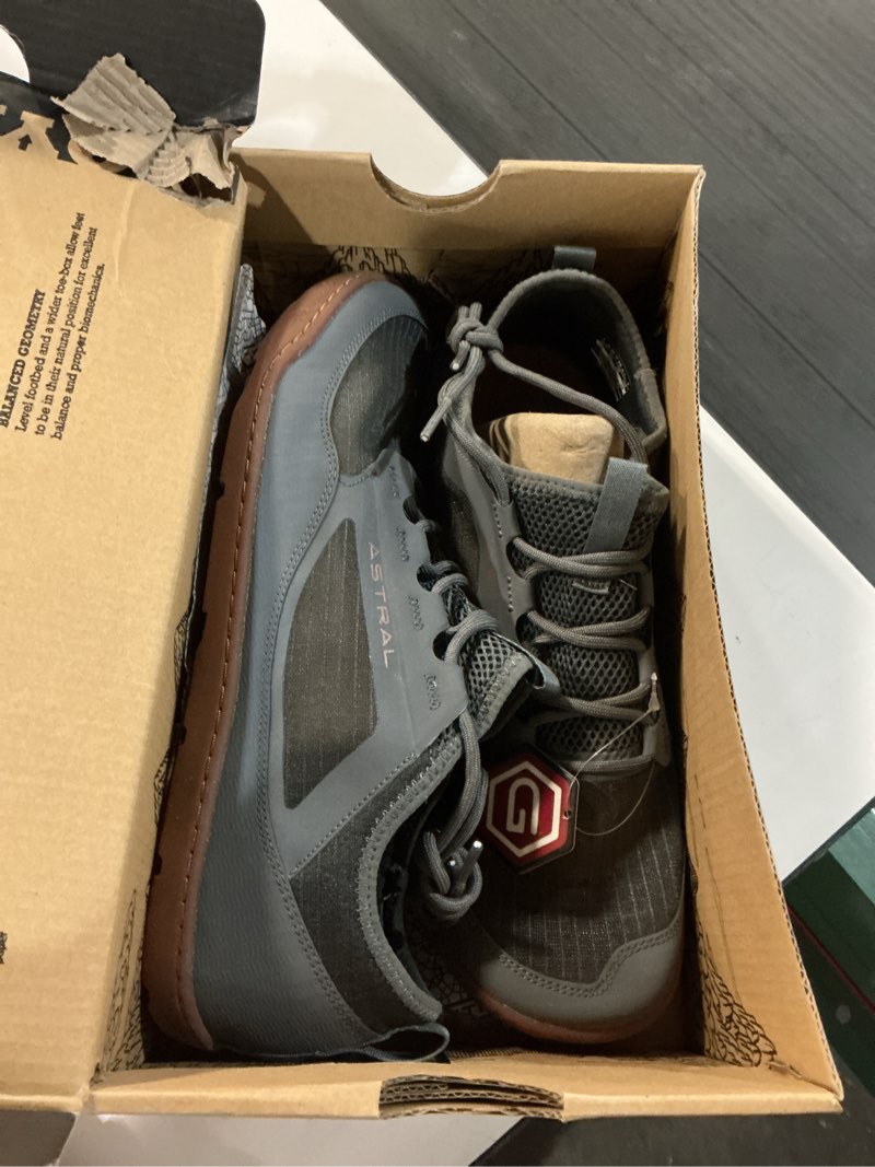 Condition photo showing New/Like New for size 10 astral men's loyak shoes - barefoot, quick-drying, minimalist sneaker for casual wear, water sports, travel, & hiking