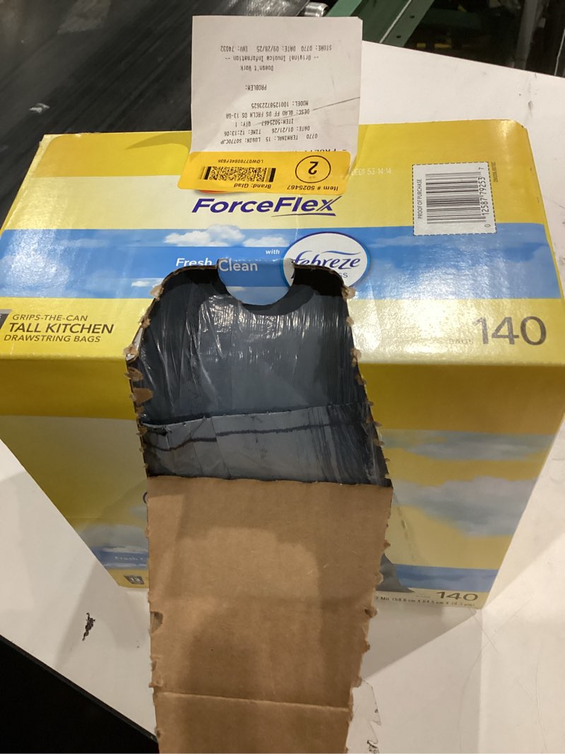 Condition photo showing New/Like New for Glad ForceFlex Tall Kitchen Trash Bags, 13 Gallon, Gain Fresh Clean, 140 Count (Package May Vary)