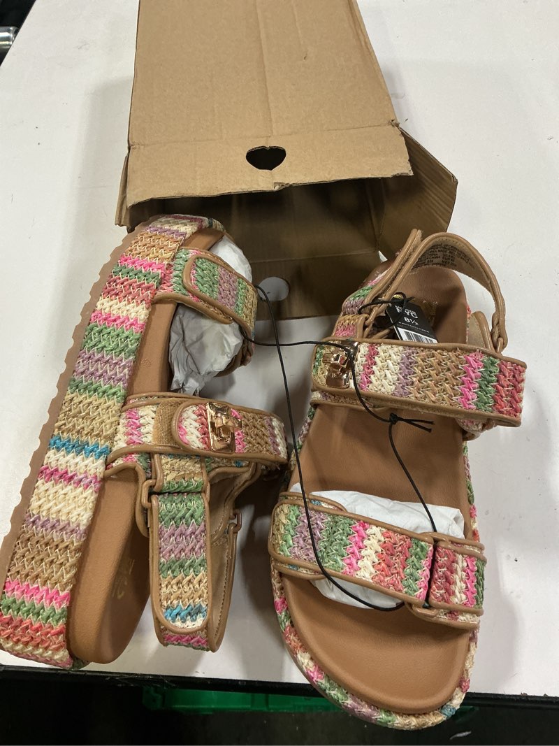 Condition photo showing New/Like New for madden nyc women's raffia platform sandals, size 8.5