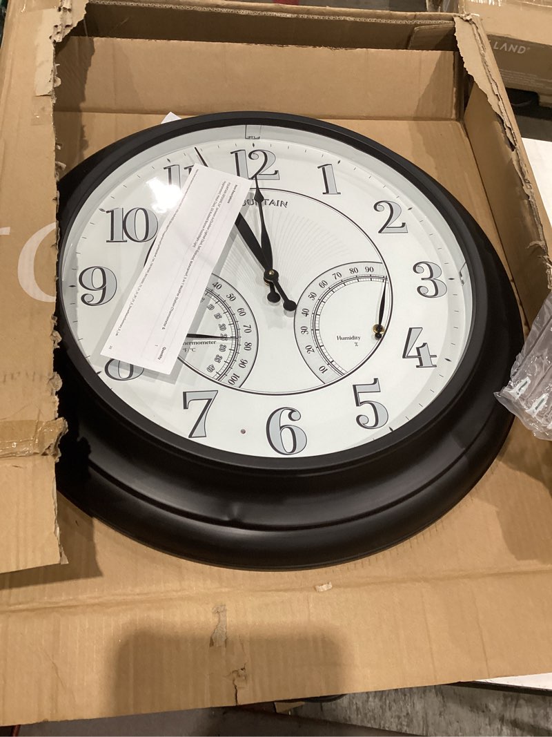 Condition photo showing Good Condition for 24" jameson in/outdoor lighted clock, self-illuminated, waterproof, 3 in 1 weather station (thermometer & hygrometer), metal clock, oil rubbed bronze finish(night light) oil rubbed bronze large